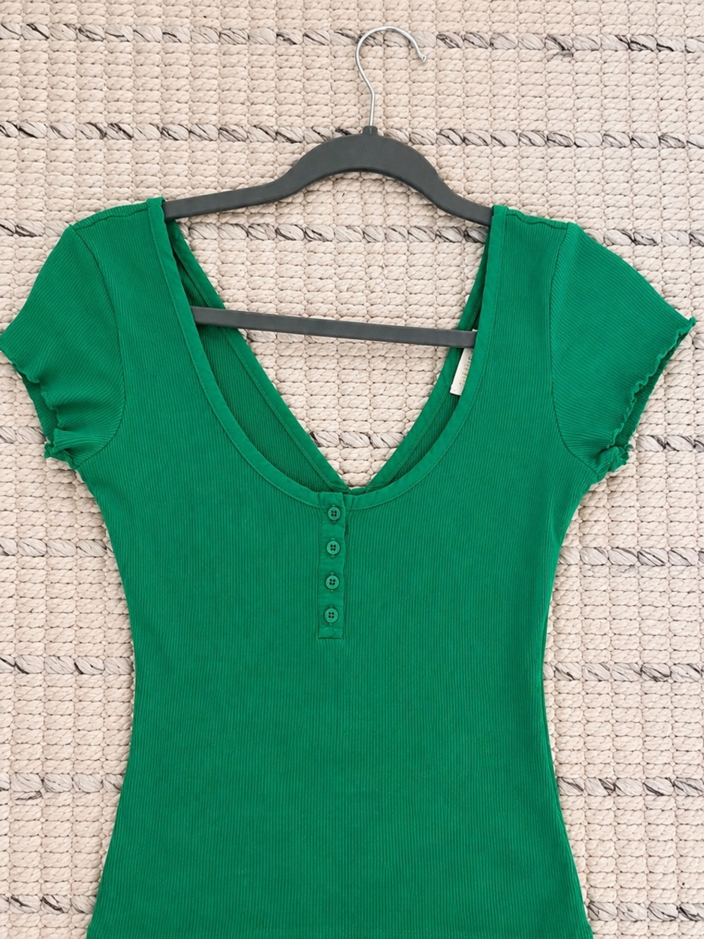 Nation LTD Emerald Green Ribbed V-Neck Button Short Sleeve Top